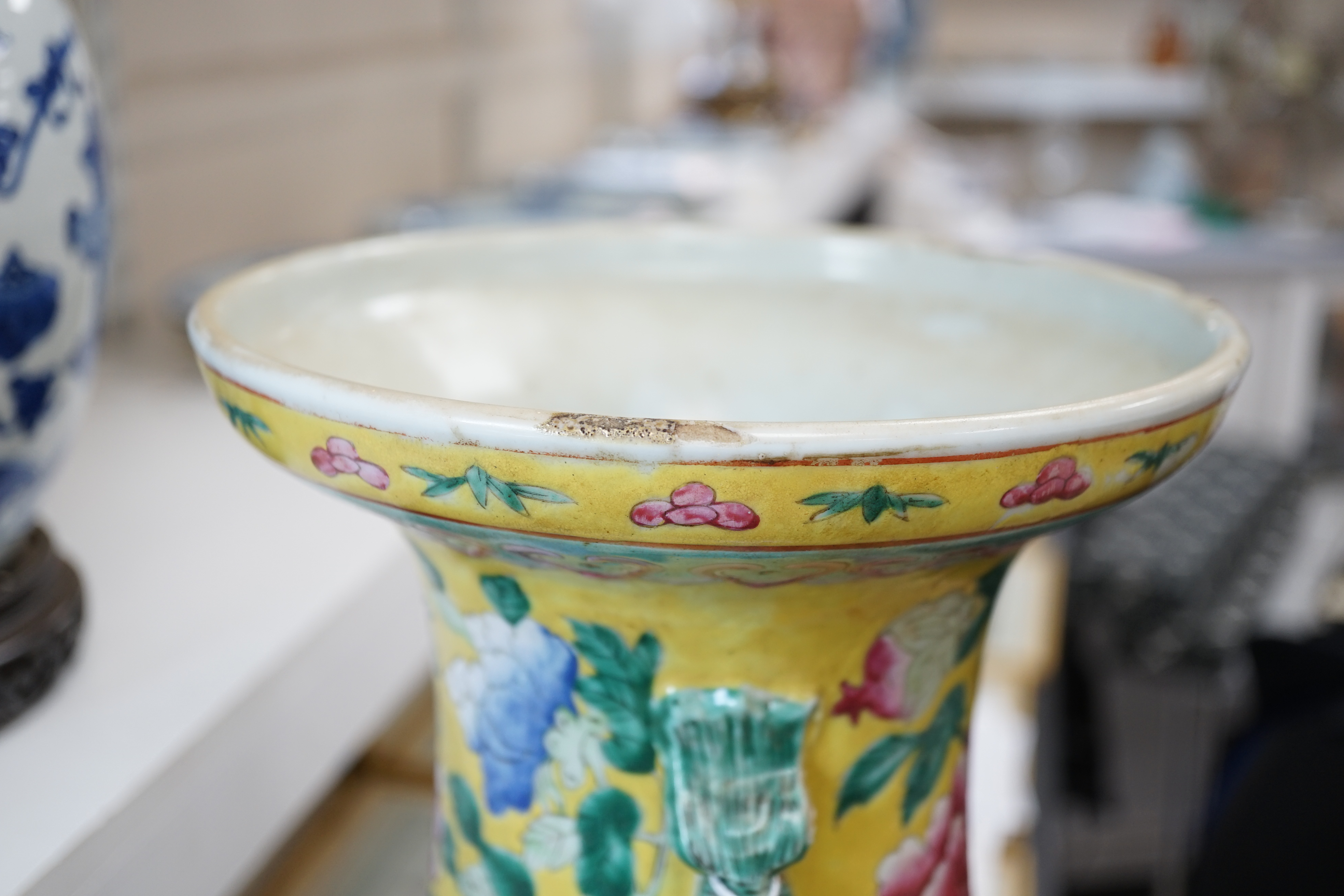 A tall Chinese Straits yellow ground ‘dragon’ vase, 19th century, rim chips